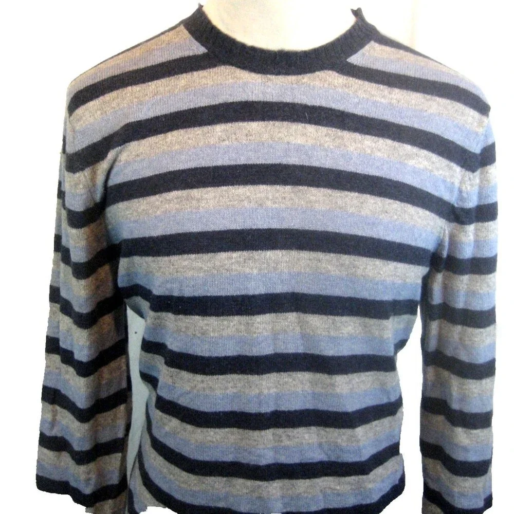 Mens Banana Republic Merino Wool Blue Gray Stripe Crew Neck Sweater sz Lg